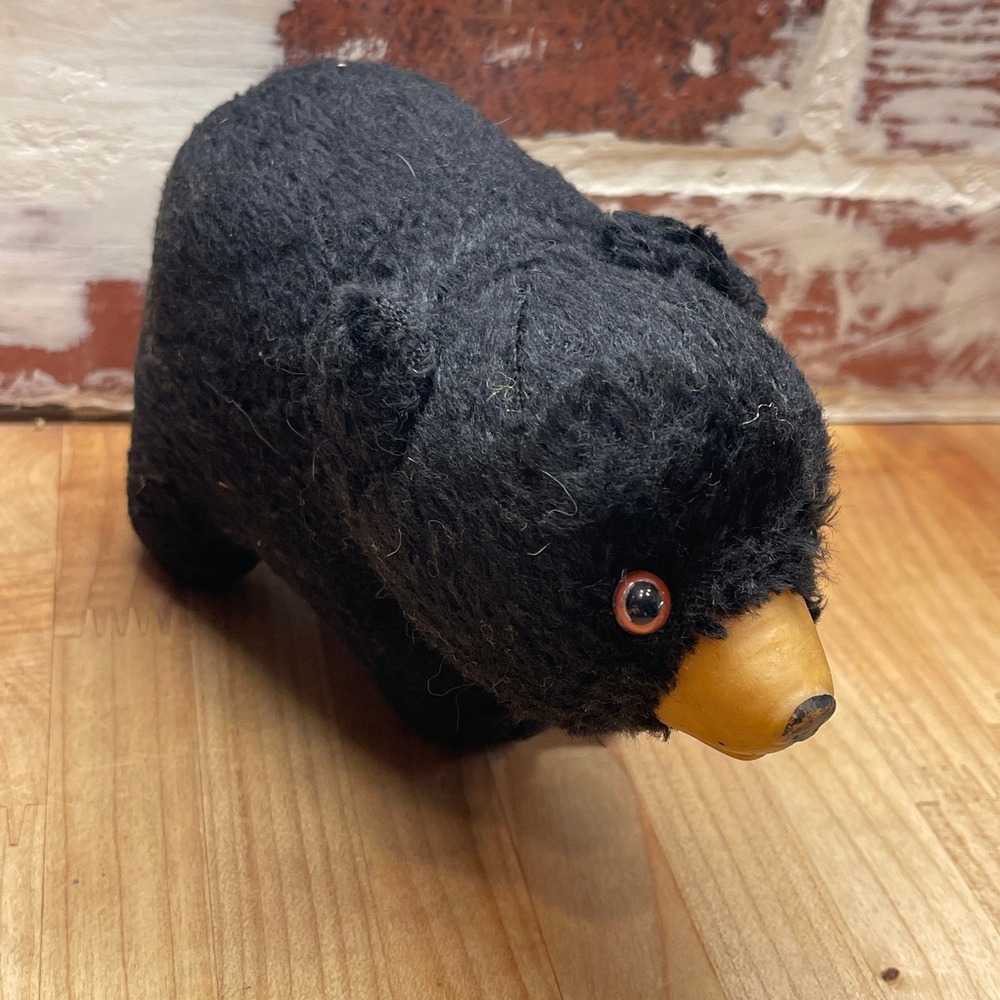 Vintage 1960s‎ Japan Black Bear Plush Rubber Muzzle Glass Look Eyes 7"